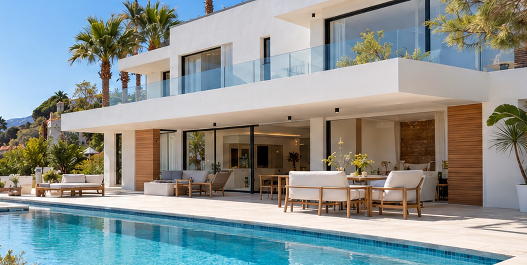 Villa mediterránea con fachadas blancas y piscina